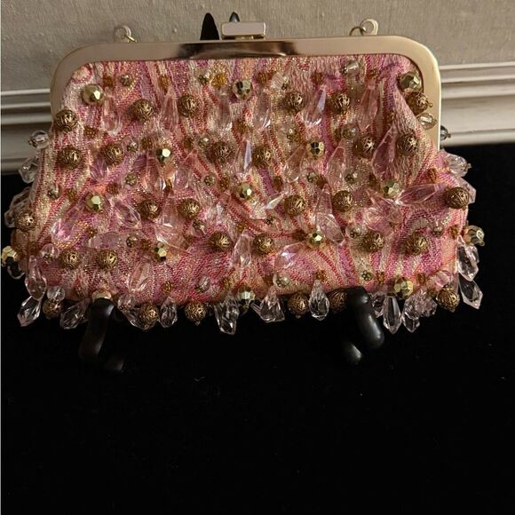 Rafe evening pink & silver jacquard.kiss lock purse clutch w beading VINTAGE - Picture 4 of 13